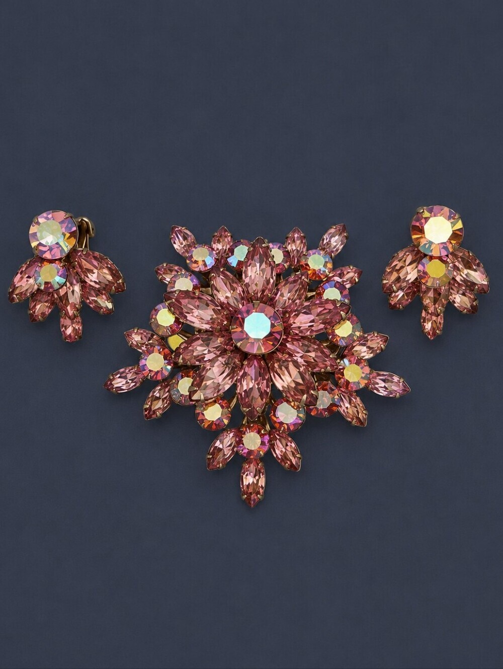 Vintage JULIANA Elegant Pink Crystal Brooch and Clip-on Earring Set